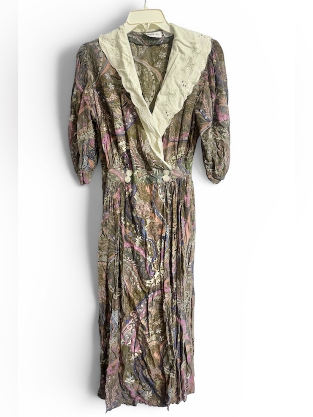 VTG 80s 90s Floral V-Neck Midi Dress size 5/6 eyelet retro cottagecore prairie